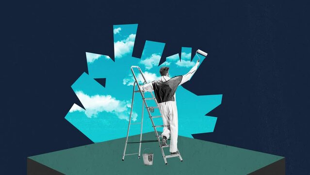 Creative design in retro style. Stop motion, animation. Man, architect painting wall, covering sky view. Hiding fantasy. Concept of surrealism, creativity and inspiration, imagination. Ad, text