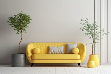  yellow sofa and white wall in modern living room AI Generated
