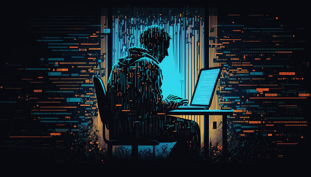 ai generated  Illustration hacker without a face uses a computer to hack the system