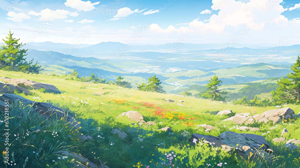 Wall mural landscape countryside cartoon scene background. view from the top of mountain overlooking the meadow