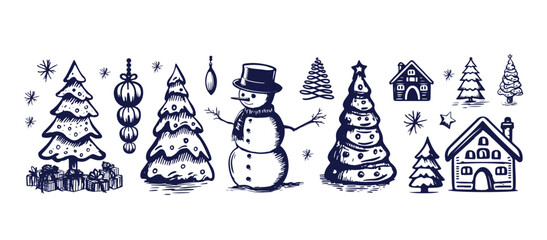 Christmas set in sketch style. Hand-drawn illustrations, line drawing black on white background