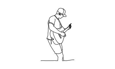 Line art drawing of a male chilling playing guitar illustration design