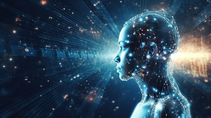 Fototapeta premium illustration of a futuristic robot with cybermatic system design character with glow light, idea concept for Artificial Intelligent , the future and development of Ai. Generative Ai