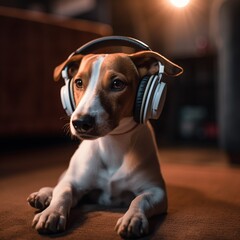 Cute dog listening to music with headphones. generative ai
