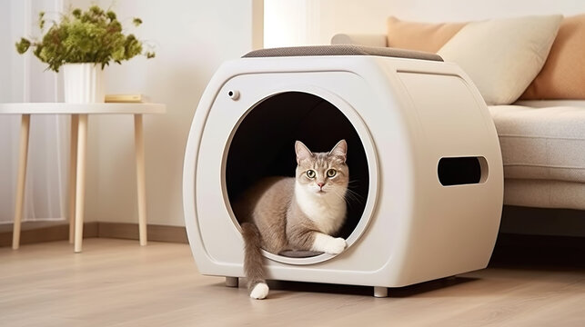 A cat is sitting in a modern cat litter box. Generative AI.