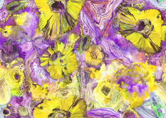 Abstract texture for Seamless organic pattern painted in watercolor with bright yellow and purple colors