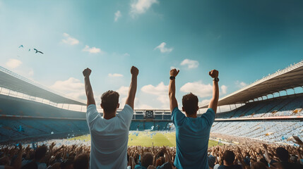 Football, soccer fan support their team and celebrate goal, score, victory. Back view of football, soccer fan cheering their team. Concept of sport, cup, world, event, competition. Generative AI - obrazy, fototapety, plakaty