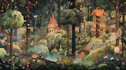 Fototapeta premium Depict a whimsical forest filled with enchanted trees, talking animals, and hidden magical beings