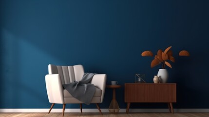 Living room interior with armchair table and dark blue wall background.3d rendering