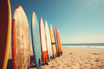 Surfboards on the beach, vintage toned picture with selective focus. By Generative AI.