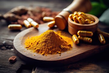 Generative AI Alternative medicine, antioxidant food, and herbal remedy concept theme with close up on supplement pill of curcumin or turmeric. - obrazy, fototapety, plakaty