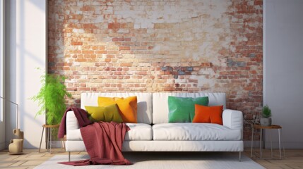 Living room in modern style with white sofa and colourful pillows and old brick wall background.3d rendering