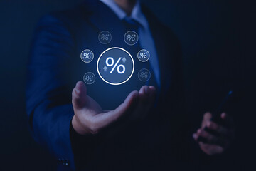 Financial interest rate holding wooden block with percentage sign and up arrow, financial growth, interest rate increase, inflation rate, selling price and tax hike concept and rate simulation	
