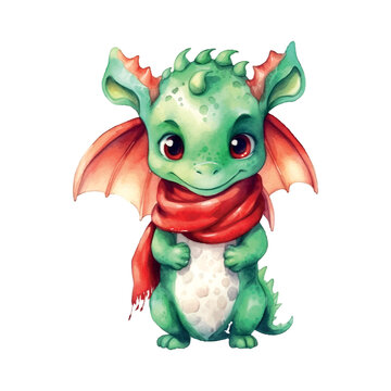 Cute green dragon in a christmas sweater watercolor, great design for any purposes. New Year 2024
