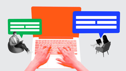 Freelancers. Young people, man and woman working and studying remotely online with laptops. Modern...