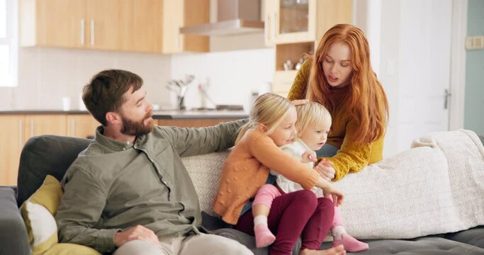Happy, relax and care with family on sofa for love, bonding and support. Happiness, free time and affection with parents and children in living room at home for free time, lounge and positive