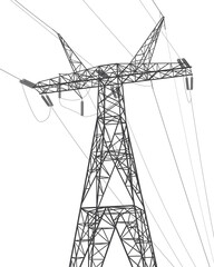 High voltage transmission systems. Electric pole. Power lines. A network of interconnected electrical. Energy pylons. City electricity infrastructure. Gray otlines on white background. Vector design