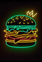 Tasty cheeseburger on a neon sign with colorful glowing lights. Very juicy fast food concept. - obrazy, fototapety, plakaty