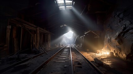 Fototapeta na wymiar Old abandoned coal mine, generative AI industrial object with rails, dark, illuminated with daylight