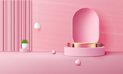 3d geometric pink and gold podium with copy space area, blank space for product display, product placement, mockup. vector template
