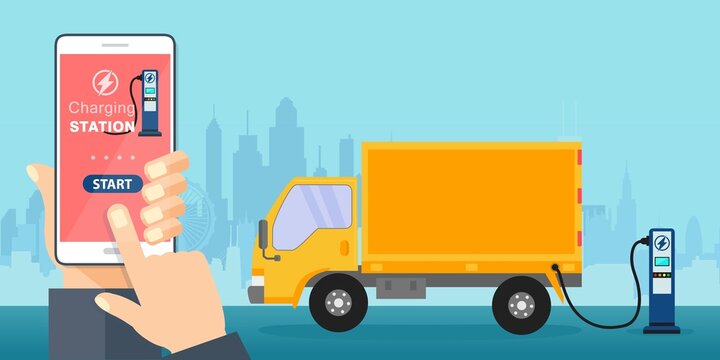 proprietario dell'auto elettrica che utilizza lo smartphone per CARICARE START la stazione di ricarica in citt&agrave; - illustrazioni FURGONE