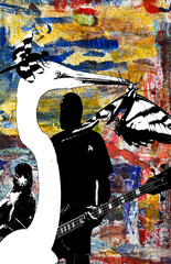 Colorful avant garde style collage of silhouettes expressing freedom in nature, art and music