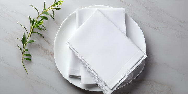 a set of white napkins on a table pedestal and green plant on an edge, luxurious fabrics, urban minimalism