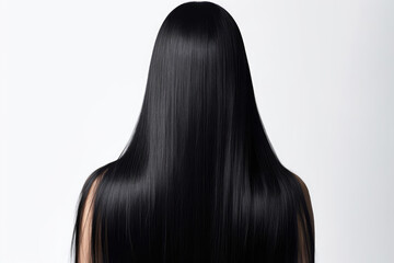 Long Black Straight Hair , Rear View On White Background. Generative AI