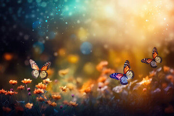 Obraz na płótnie Canvas Beautiful Butterflies Fluttering Over Wildflowers With Empty Space With Bokeh. Generative AI