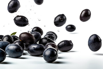 Black Olives Flying On White Background, Floating In The Air. Generative AI