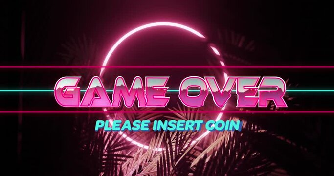 Animation of game over and please insert coin over trees against circle in background