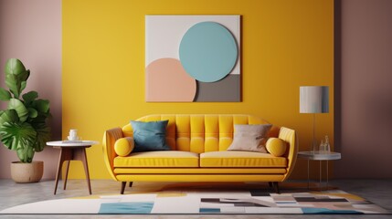 Midcentury modern interior design with yellow sofa and decoration wall.3d rendering