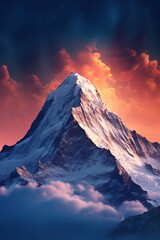 Surreal landscape of mountain with nebula cloud above it, Generative AI