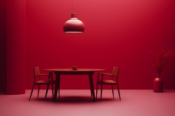 Interior design of the room in plain monochrome red color with table dinner and lamp created generative ai