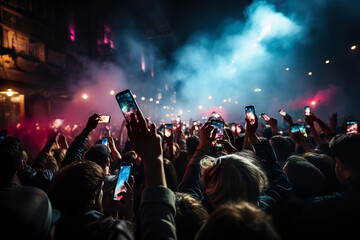 Fototapeta na wymiar A crowd of people holding up cell phones at a concert. Generative AI.