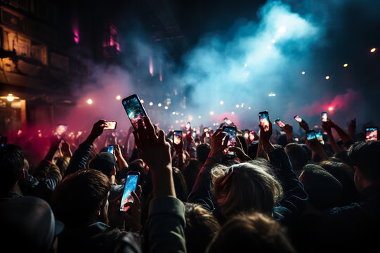 A crowd of people holding up cell phones at a concert. Generative AI.