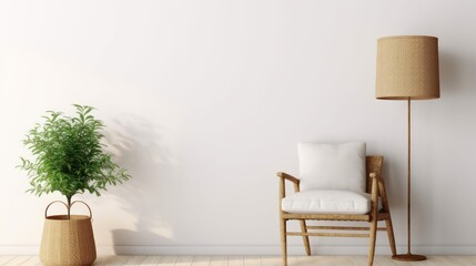Minimal room interior with rattan chair,lamp,pot and plant on white wall background.3d rendering
