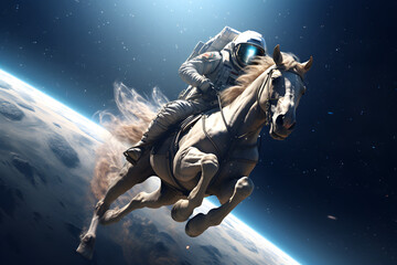Obraz na płótnie Canvas an astronaut riding a horse in space; ultra photorealistic
