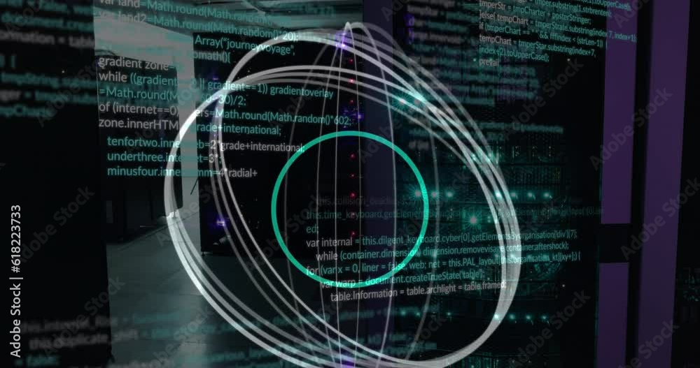 Poster animation of abstract circular shapes spinning and data processing against computer server room
