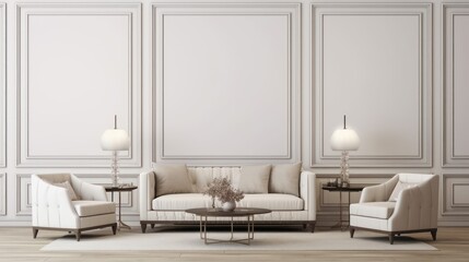 Fototapeta na wymiar Modern classic interior.Sofa,armchair,side table with lamps.White wall and wooden floor with carpet. 3d rendering