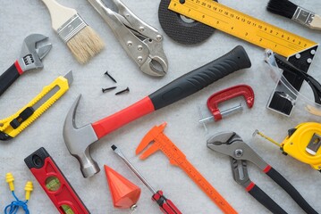 Flat lay of vary many set of hardware tools equipment, home DIY, fix repair, building construction,...