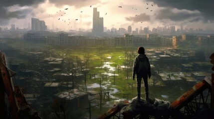 Fototapeta premium Game art piece that captures a significant moment in the middle of a hero's journey through a post - apocalyptic world. The protagonist, a resilient survivor, stands at the threshold of a crumbling