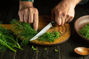 The chef cuts the fennel on the kitchen board with a knife. Preparation of products for canning. Foeniculum is added to food for aroma and taste