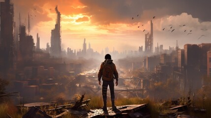 Fototapeta premium Game art piece that captures a significant moment in the middle of a hero's journey through a post - apocalyptic world. The protagonist, a resilient survivor, stands at the threshold of a crumbling