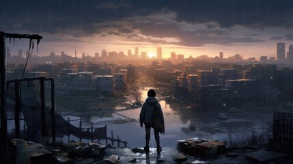 Game art piece that captures a significant moment in the middle of a hero's journey through a post...