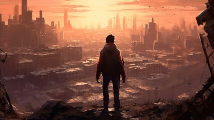 Fototapeta premium Game art piece that captures a significant moment in the middle of a hero's journey through a post - apocalyptic world. The protagonist, a resilient survivor, stands at the threshold of a crumbling