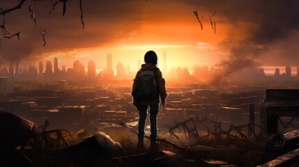 Game art piece that captures a significant moment in the middle of a hero's journey through a post - apocalyptic world. The protagonist, a resilient survivor, stands at the threshold of a crumbling