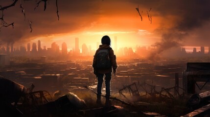 Fototapeta premium Game art piece that captures a significant moment in the middle of a hero's journey through a post - apocalyptic world. The protagonist, a resilient survivor, stands at the threshold of a crumbling