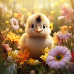 Surrounded by flowers, a cute chick is depicted in a photorealistic portrait in a natural setting