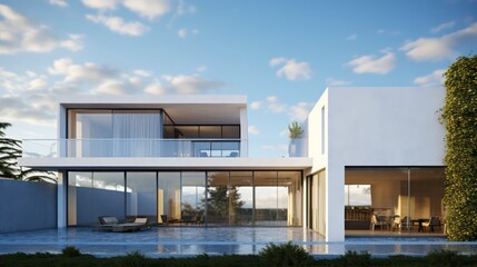 Fototapeta premium Modern house exterior and blue sky. 3d rendering